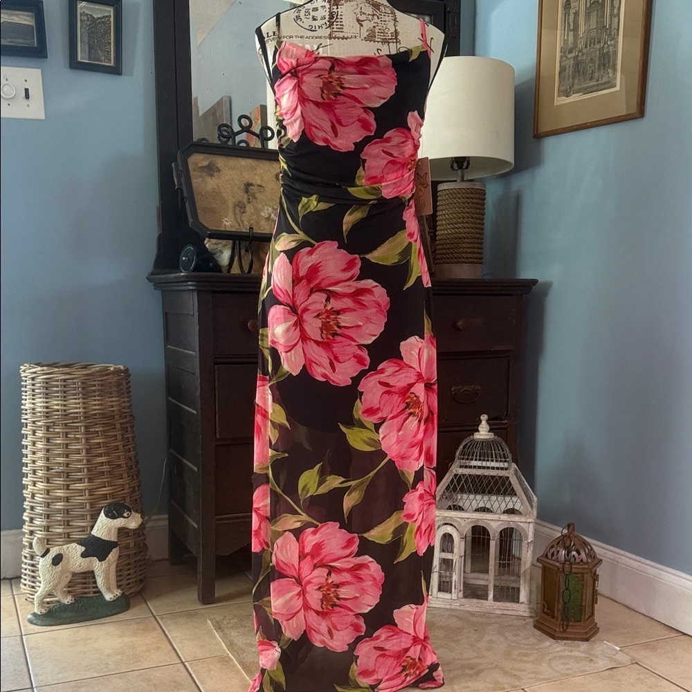 Persaya Black and Pink Floral Print Adjustable Strap Mesh Maxi Dress NWT - Picture 2 of 14